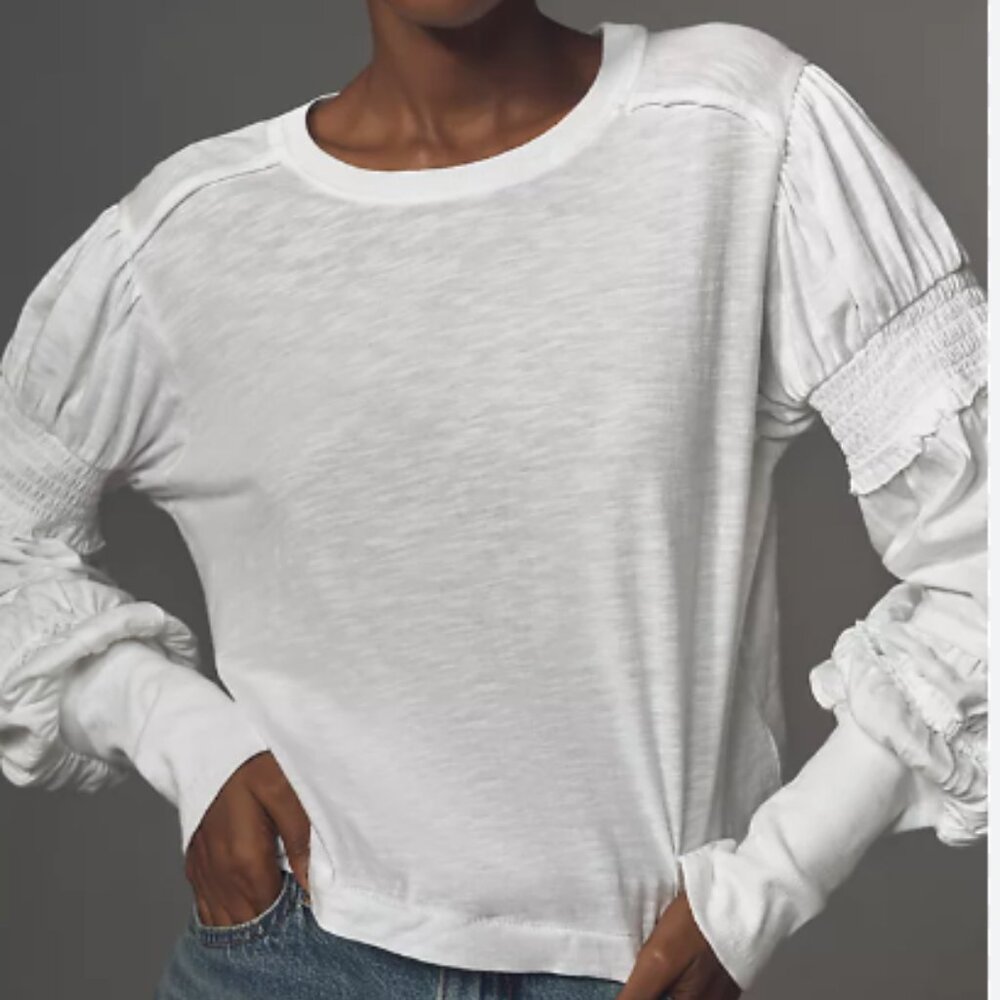 Pilcro Women's Cream Long Sleeve Crop Top Ruched And Smocked Long Sleeve Size XS